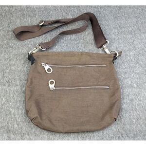 Baggallini Triple Zipper Crossbody Bag‎ Brown Red Lining Logo Travel Organizer